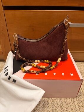 Aupen Nirvana Brown Suede Bag with Beaded Strap